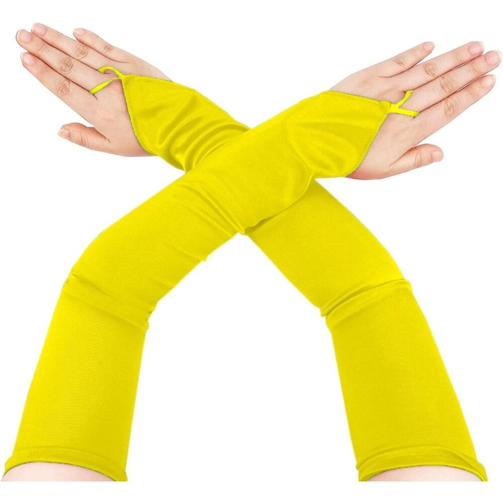 Women's Yellow Long Satin Finger Loop Fabric Gloves Opera Party Prom Costume